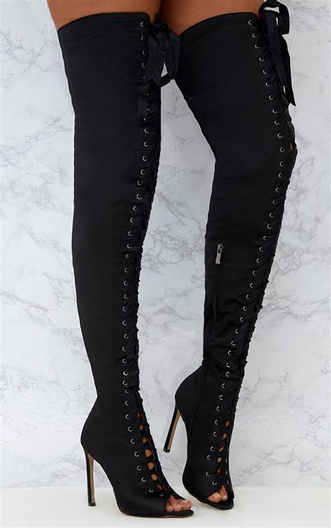 satin thigh high boots|lace up thigh high boots.